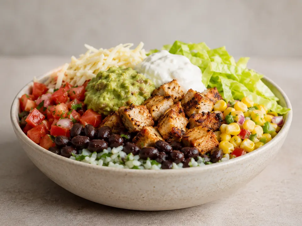 Illustrative homemade Chicken Burrito Bowl-style